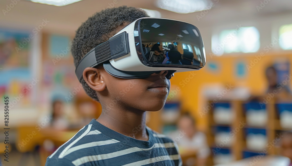 In a classroom setting, a young boy looks happy while using a virtual reality headset In a classroom setting, a young boy looks happy while using a virtual reality headset
