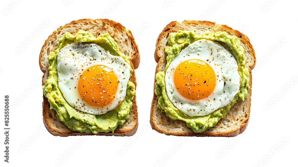 Healthy breakfast toast with avocado smash and boiled egg. isolated on white background, top view Healthy breakfast toast with avocado smash and boiled egg. isolated on white background, top view