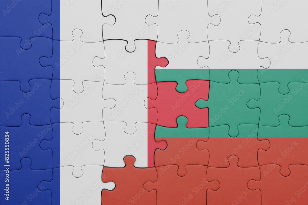 puzzle with the colourful national flag of bulgaria and flag of france. puzzle with the colourful national flag of bulgaria and flag of france.