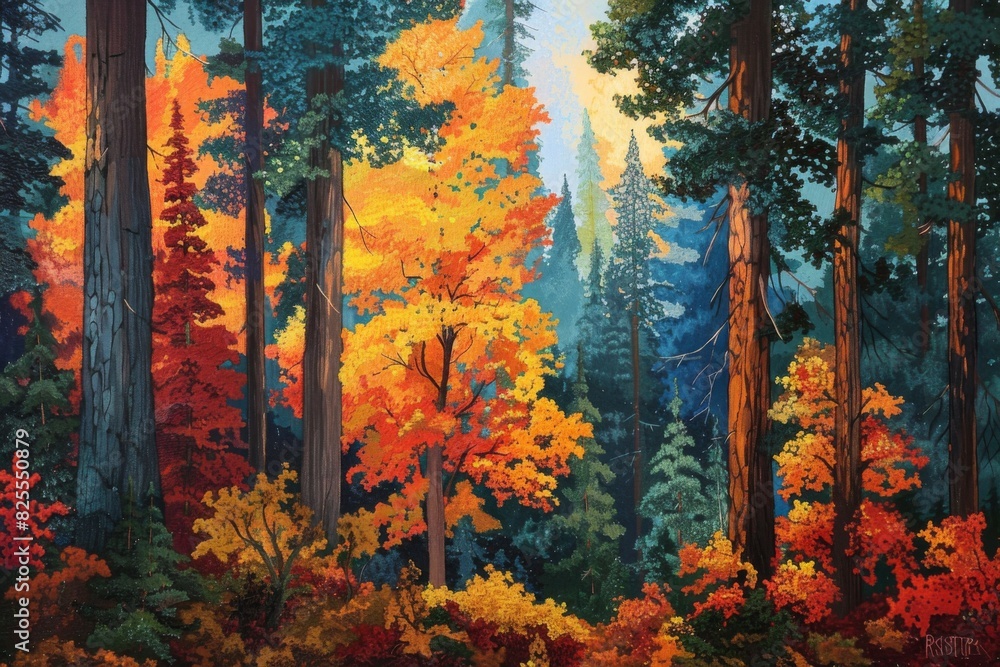 Painting of autumn forest with vibrant orange atmospheric phenomenon