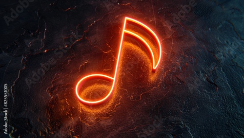 A glowing neon music note on dark background, symbol of musical art and party concept A light in the shape of an old retrostyle sign Generative AI photo