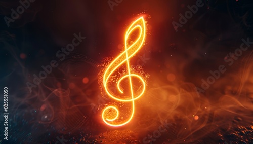 A glowing neon music note on dark background, black and orange color scheme Generative AI