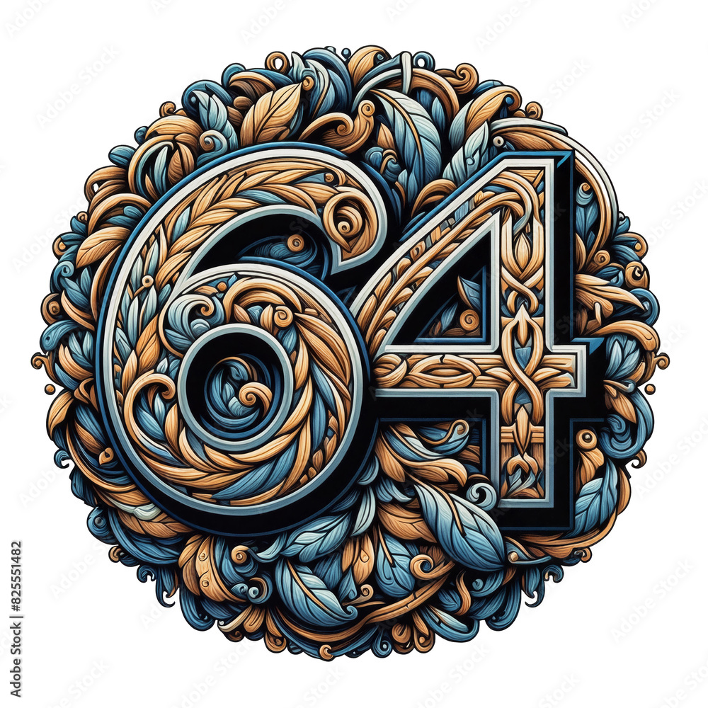 Deluxe 64th (sixtyfour) Sequential Order Emblem with Filigree Blue and Gold Patterns Isolated (cut) background Deluxe 64th (sixtyfour) Sequential Order Emblem with Filigree Blue and Gold Patterns Isolated (cut) background