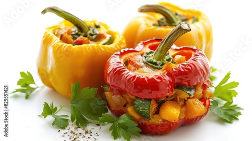 Stuffed peppers made with sun dried organic winter squash on a white background photo