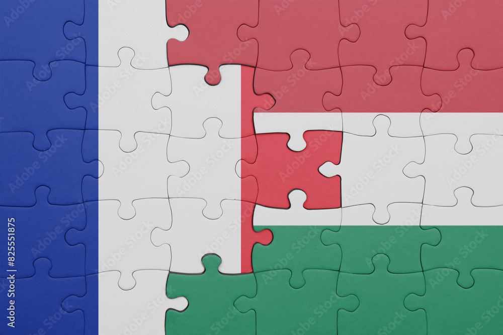 puzzle with the colourful national flag of hungary and flag of france. puzzle with the colourful national flag of hungary and flag of france.