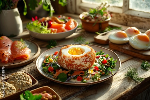 A beautifully plated Scottish Scotch Egg sits at the center of a rustic wooden table, surrounded by an assortment of gourmet dishes, including smoked salmon, oatcakes, and a colorful salad.  photo