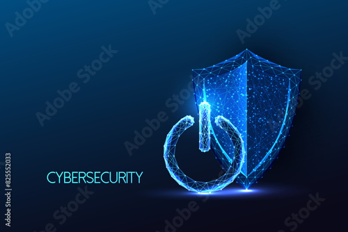 Futuristic cybersecurity, digital protection, secure data concept with shield and power button