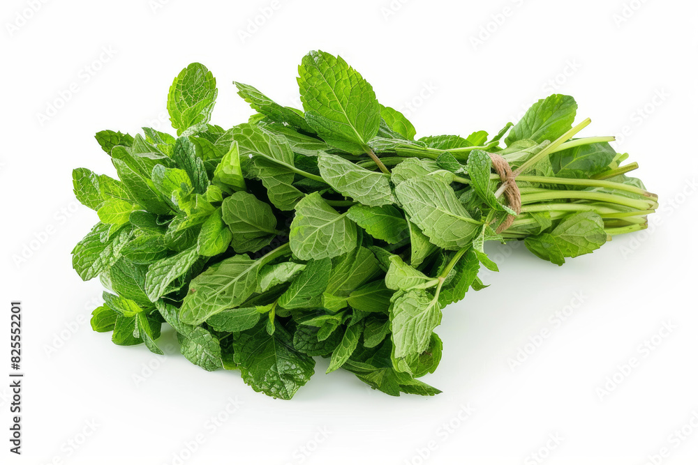 A bundle of fresh mint leaves isolated on a white background, showcasing their refreshing aroma and culinary versatility. Concept of herb garden and cocktail garnish. Generative Ai. A bundle of fresh mint leaves isolated on a white background, showcasing their refreshing aroma and culinary versatility. Concept of herb garden and cocktail garnish. Generative Ai.
