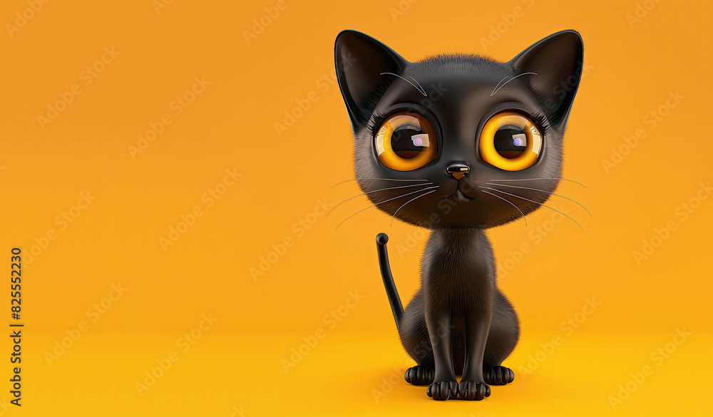 Cute Cartoon Halloween Black Cat on an Orange Background with Space for Copy