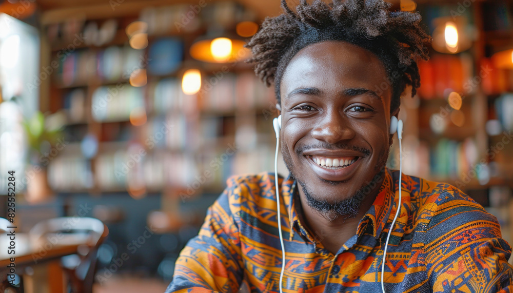 A man seated at a library table is smiling and wearing headphones, looking happy and relaxed A man seated at a library table is smiling and wearing headphones, looking happy and relaxed