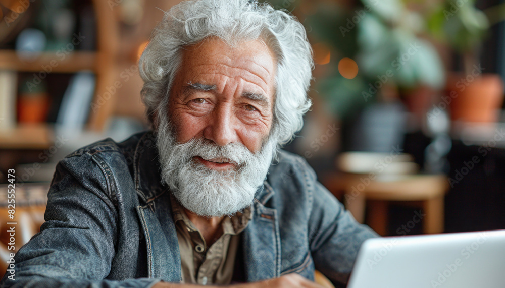 An elderly man with a beard looks joyful while using his laptop, showing a smile An elderly man with a beard looks joyful while using his laptop, showing a smile