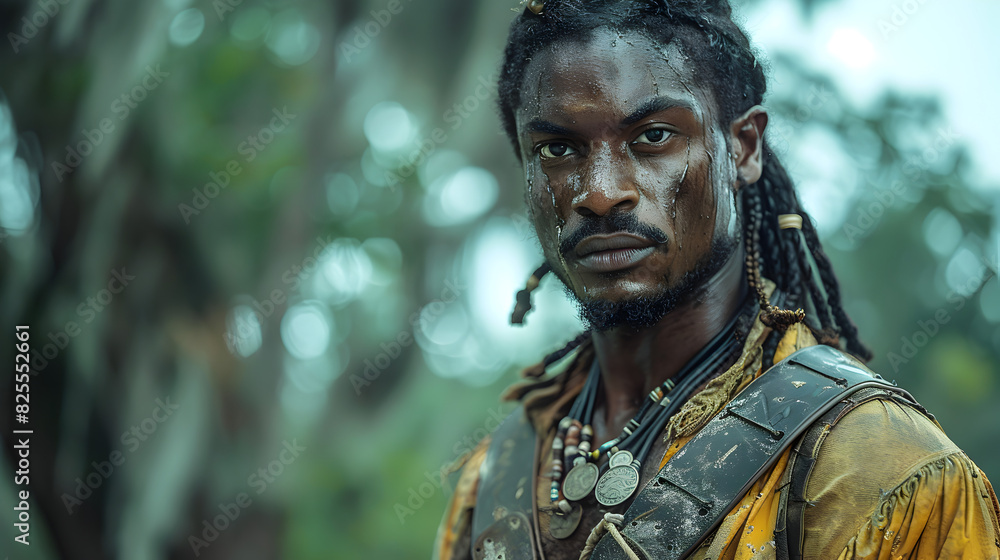 Obraz premium A Man with Dreadlocks Standing in a Forest, Looking Serious
