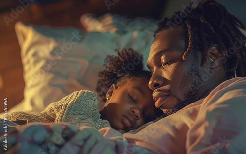 Black african american loving father or dad puts the child to bed