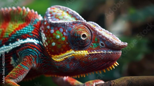 A captivating close-up shot of a colorful chameleon blending seamlessly into its natural surroundings, its intricate patterns and vibrant hues captured in stunning detail as it camouflages itself  © Bibi