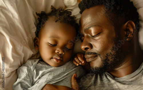 Black african american loving father or dad puts the child to bed