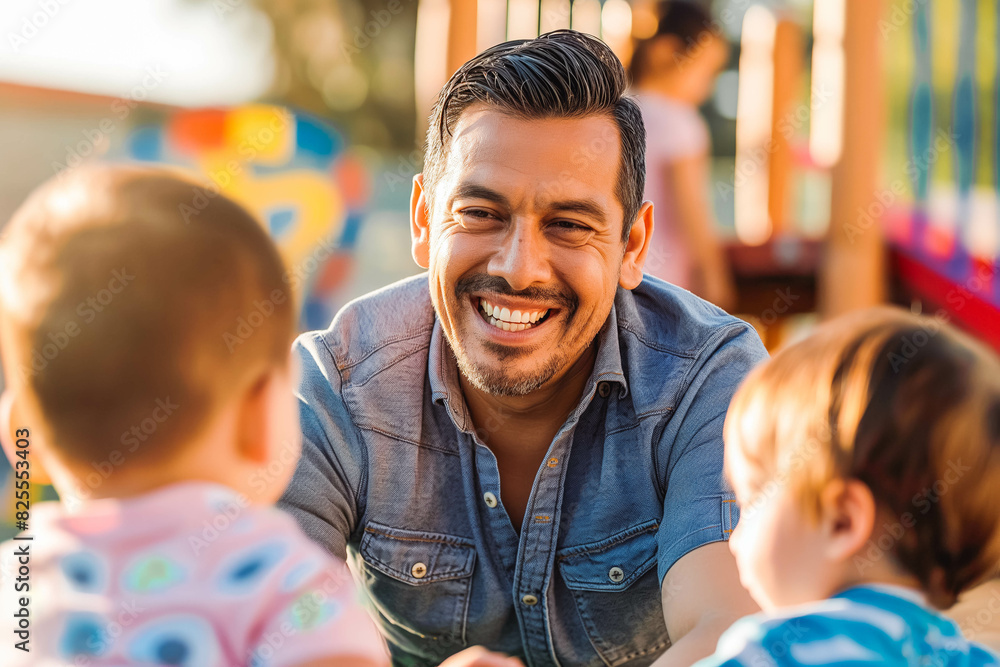 Happy Hispanic Childcare Provider in His 40s Playing with Children at Sunrise, Fostering Growth and Development with Joy Happy Hispanic Childcare Provider in His 40s Playing with Children at Sunrise, Fostering Growth and Development with Joy