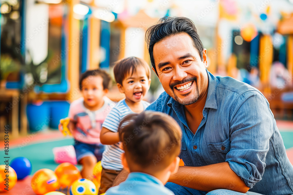 Happy Hispanic Childcare Provider in His 40s Playing with Children at Sunrise, Fostering Growth and Development with Joy Happy Hispanic Childcare Provider in His 40s Playing with Children at Sunrise, Fostering Growth and Development with Joy