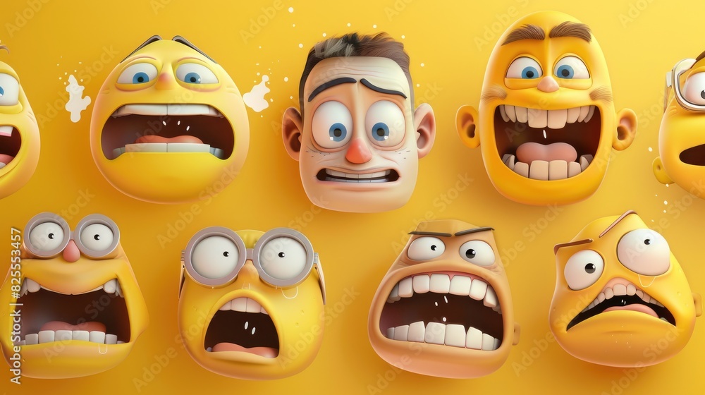 Top cartoon character facial expressions against a yellow backdrop