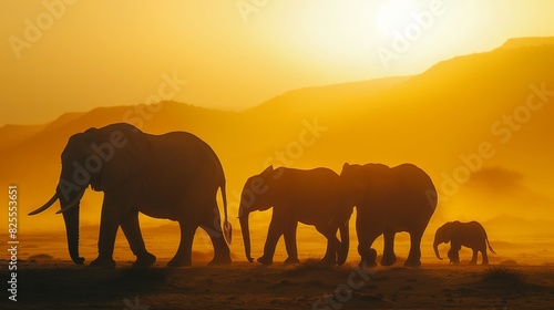 A family of elephants trekking through the African desert, their silhouettes against the setting sun creating a breathtaking scene. 32k, full ultra HD, high resolution