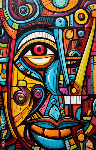 A colorful  intricate piece of graffiti art featuring abstract shapes and an eye motif creates a striking visual on a city wall - Generative AI