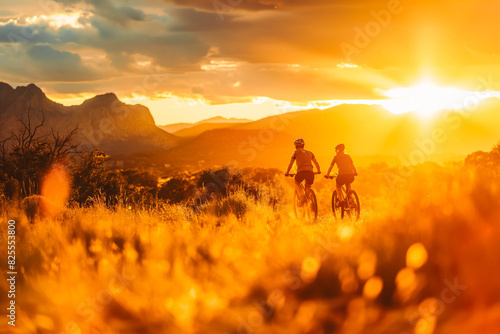 Hispanic male and female cyclists taking a break in a scenic area during sunset.