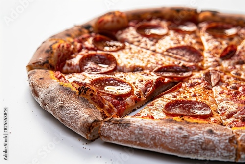 A side view of a classic pepperoni pizza with cut slices on a white background, showing the thickness of the crust and the melted cheese.