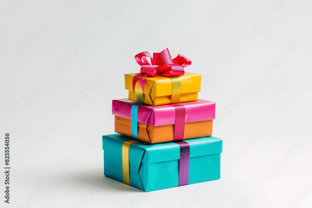 A stack of colorful gift boxes isolated against a plain white backdrop, trimmed from the surroundings, with no background. Concept of celebration and surprise. Generative Ai. A stack of colorful gift boxes isolated against a plain white backdrop, trimmed from the surroundings, with no background. Concept of celebration and surprise. Generative Ai.