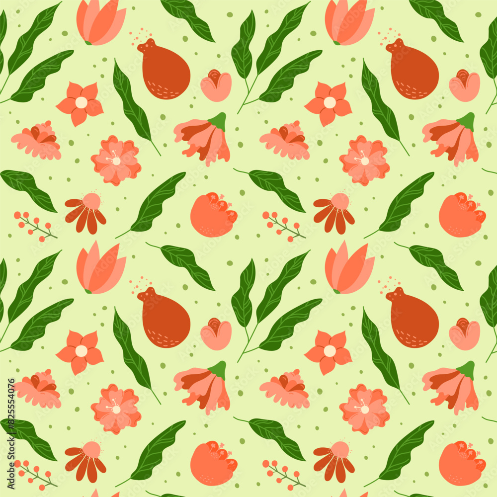 Flowers and green leaves pattern. Cute floral vector seamless background. Repeating illustration of botanical elements. Hand drawn natural meadow objects pattern Flowers and green leaves pattern. Cute floral vector seamless background. Repeating illustration of botanical elements. Hand drawn natural meadow objects pattern