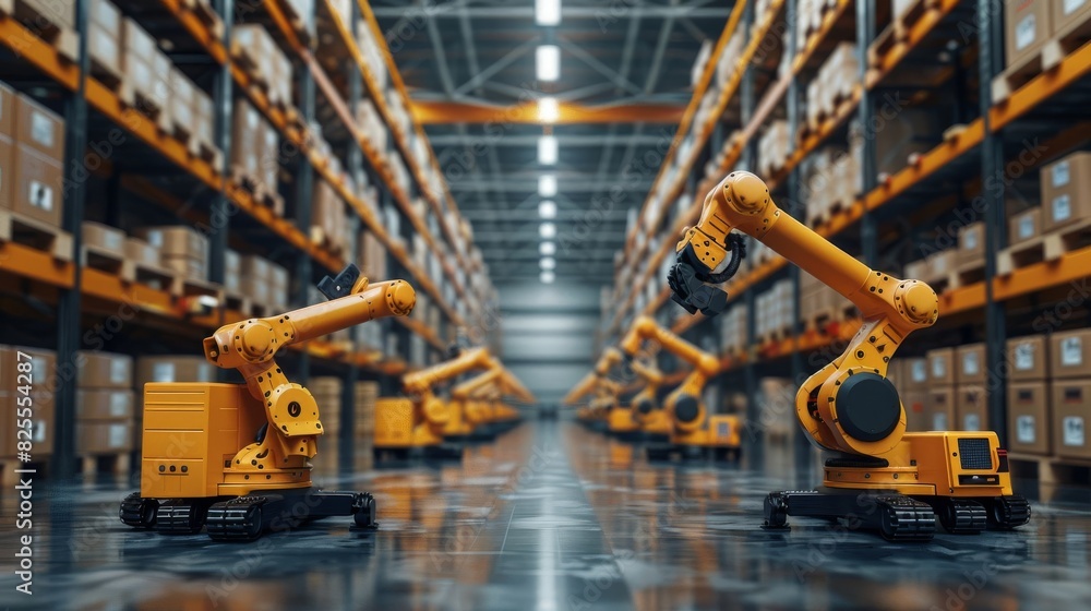Automated robotic arms in a modern warehouse handling goods and packages for efficient logistics and inventory management. Automated robotic arms in a modern warehouse handling goods and packages for efficient logistics and inventory management.