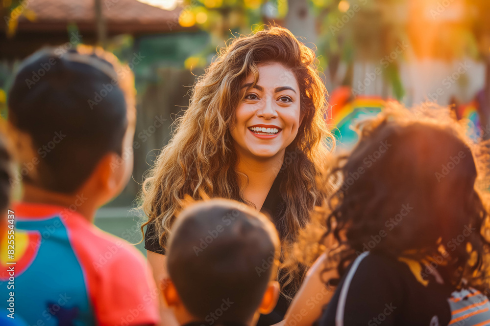Passionate Hispanic Teacher's Assistant in Her 30s Assisting Students at Sunset, Supporting Learning with Dedication Passionate Hispanic Teacher's Assistant in Her 30s Assisting Students at Sunset, Supporting Learning with Dedication