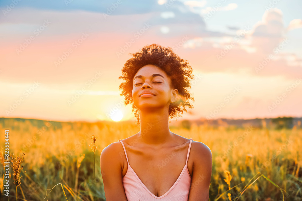 Obraz premium Passionate African American Environmentalist in Her 30s Advocating for Planet at Sunset, Preserving Nature with Zeal