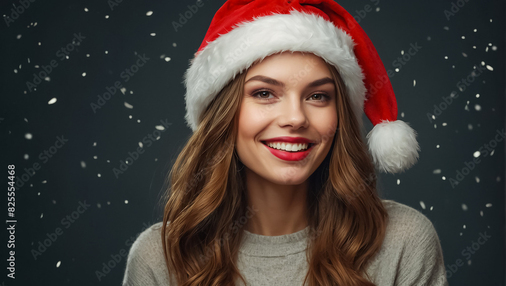 Portrait of a beautiful hair girl wearing a Santa hat looking Portrait of a beautiful hair girl wearing a Santa hat looking