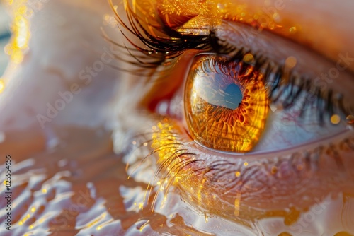 Glowing orange eye with ethereal elements symbolizing the fusion of light and health in vision photo