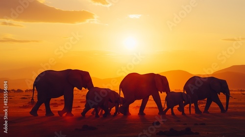 A family of elephants trekking through the African desert  their silhouettes against the setting sun creating a breathtaking scene. 32k  full ultra HD  high resolution