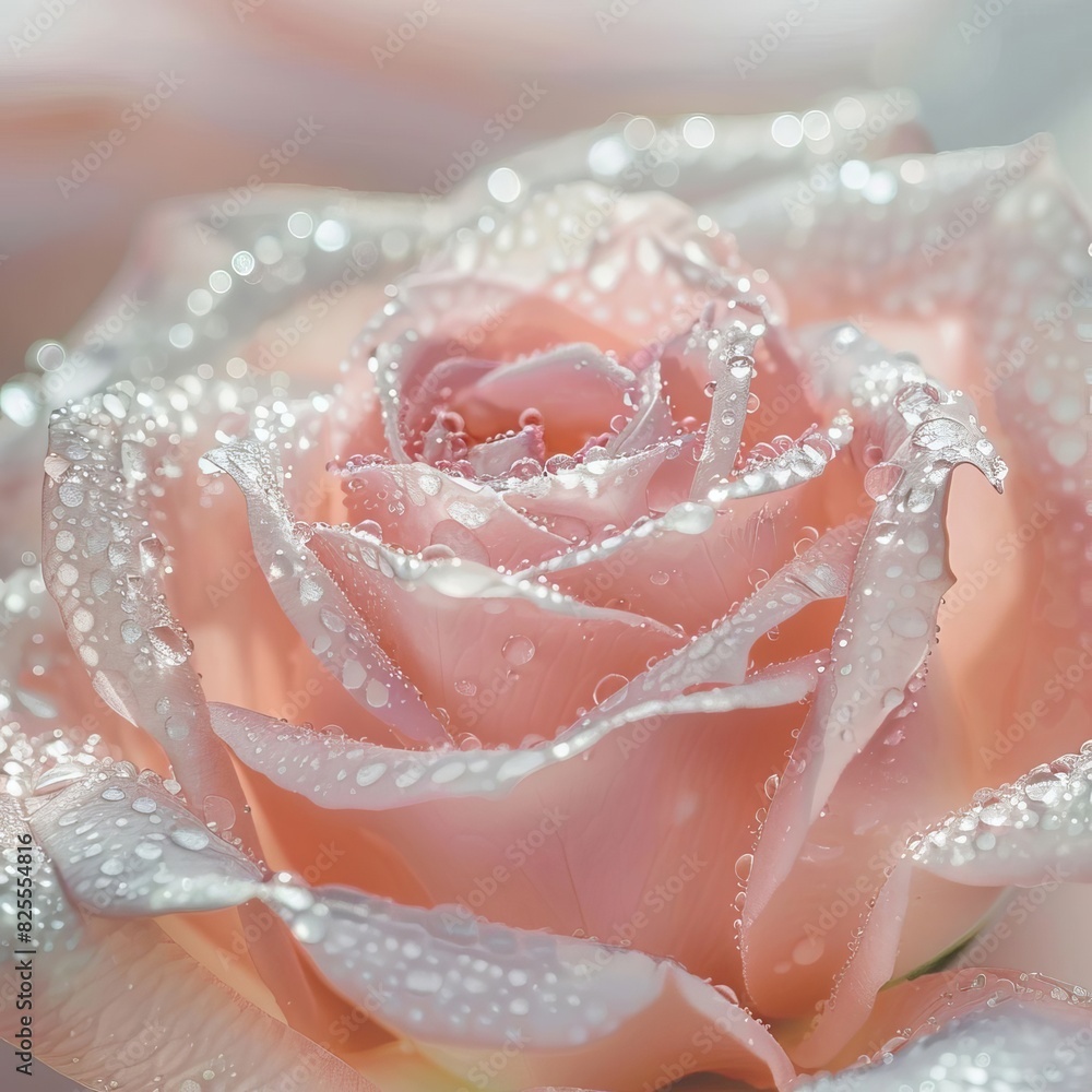 Close-up of a delicate pink rose with dewdrops on its petals, showcasing its natural beauty and freshness in a glowing light. Close-up of a delicate pink rose with dewdrops on its petals, showcasing its natural beauty and freshness in a glowing light.