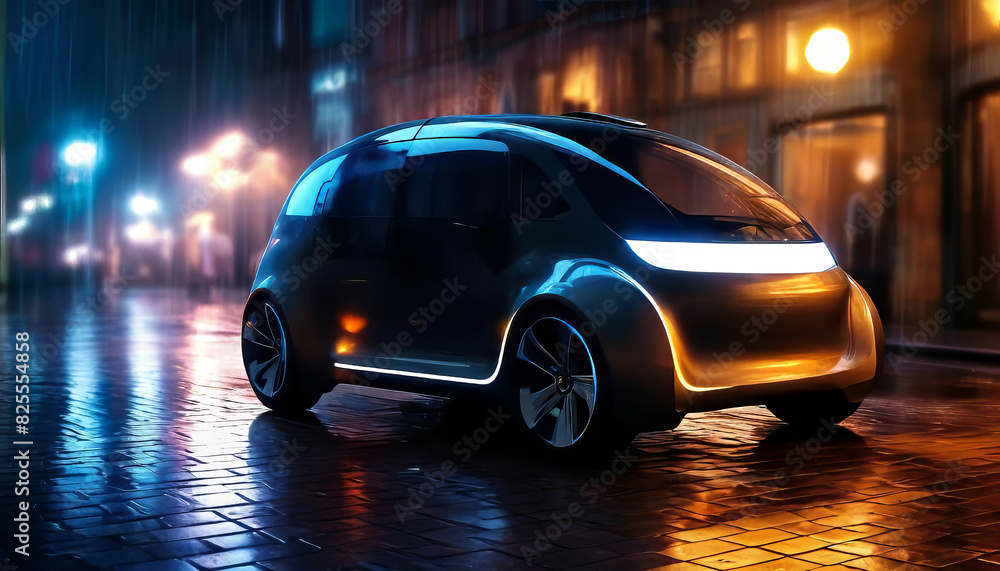 concept of a futuristic car of the future on a night city street, modern electric car, concept of a futuristic car of the future on a night city street, modern electric car,