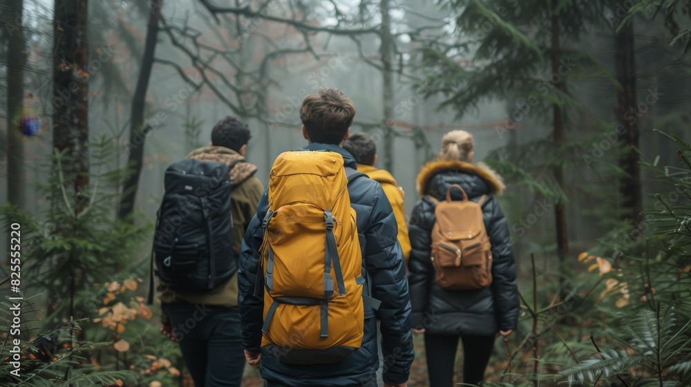 Group of friends hiking in a foggy forest Group of friends hiking in a foggy forest