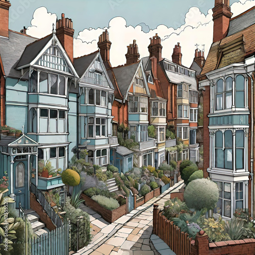 Poster depicting Victorian and Edwardian terraced houses, timber framed buildings, collage style.