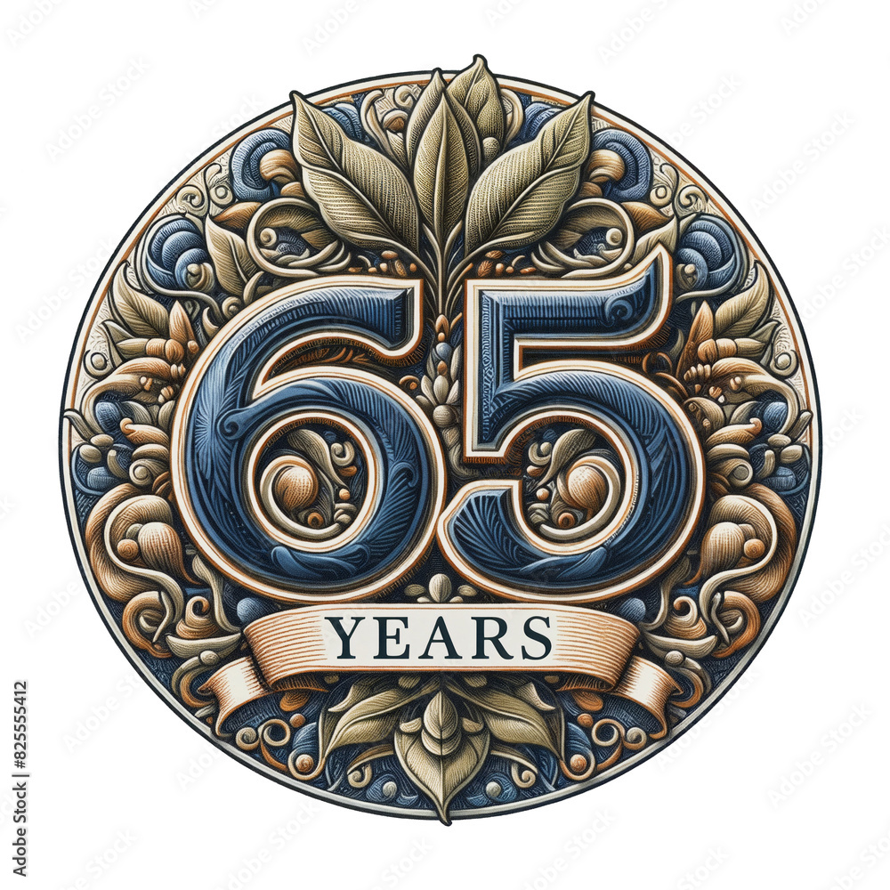 65 (sixty-five) Years Commemorative Emblem with Elegant Floral Embossment and Ribbon Banner Isolated (cut) background 65 (sixty-five) Years Commemorative Emblem with Elegant Floral Embossment and Ribbon Banner Isolated (cut) background