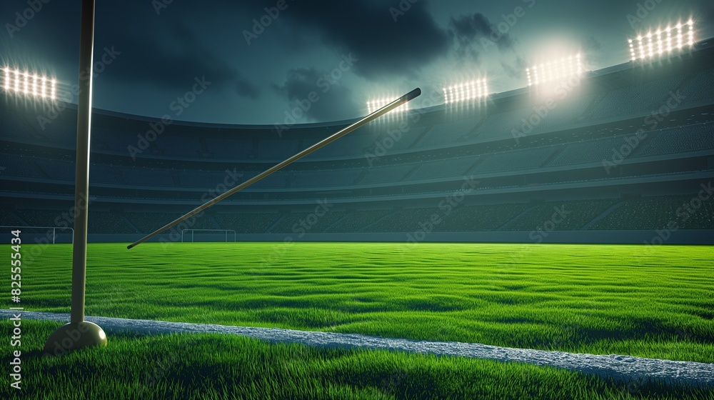 A javelin soaring through the air against the backdrop of a sprawling green field. The stadium lights cast long shadows across the grass, adding drama to the scene. 32k, full ultra hd, high resolution