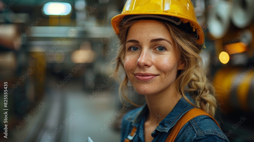 Portrait of a smiling female construction worker wearing a yellow hardhat Portrait of a smiling female construction worker wearing a yellow hardhat