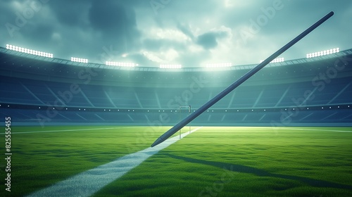 A javelin soaring through the air against the backdrop of a sprawling green field. The stadium lights cast long shadows across the grass  adding drama to the scene. 32k  full ultra hd  high resolution