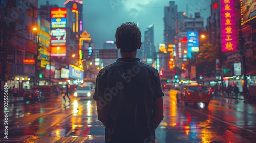 Man Standing in a City Street at Night