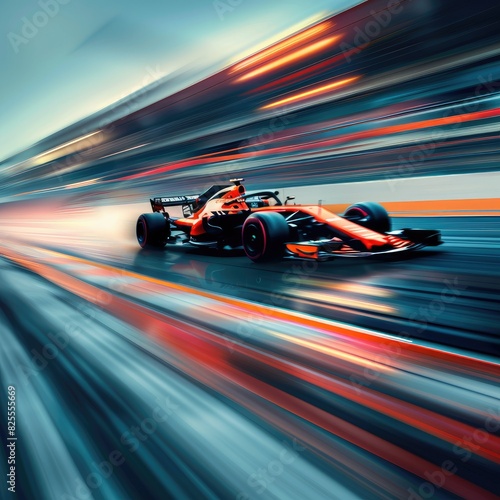 Racing car at high speed with motion blur background. Motor sports competitive team racing concept.