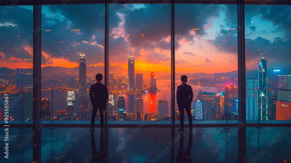 Two Businessmen Looking at the Cityscape During Sunset Two Businessmen Looking at the Cityscape During Sunset