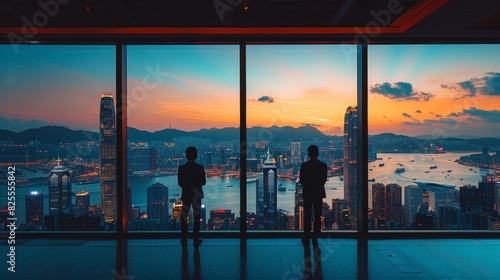 Two Businessmen Looking Out at Hong Kong Skyline at Sunset