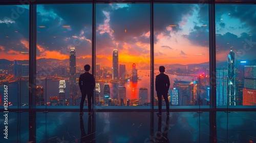 Two Businessmen Looking at the Cityscape During Sunset photo
