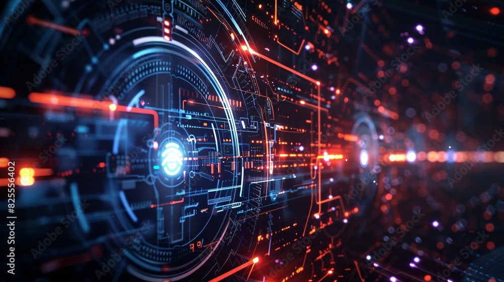 Fototapeta premium Dynamic Cybersecurity Network Interface: High-Tech Display with Copy Space