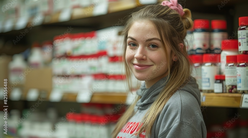 Young Woman Smiling in a Store with Shelves Full of Products Young Woman Smiling in a Store with Shelves Full of Products