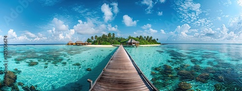 wooden bridge to a beautiful island with clear water and clear skies photo